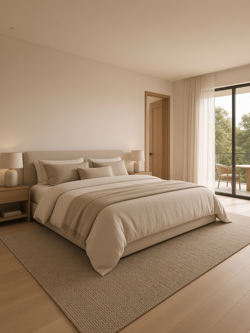 Master bedroom of the same home, with the bed, bedside lamps and soft rug
