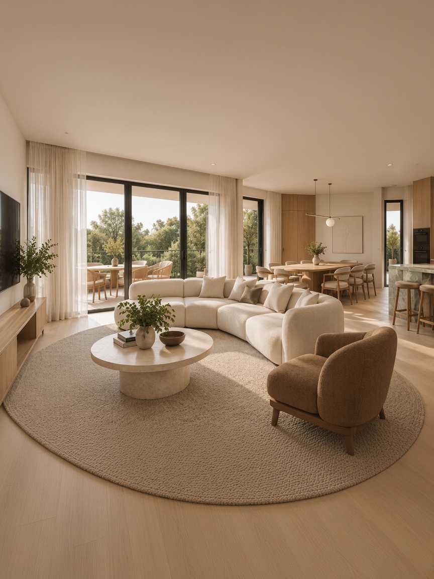 Living room of the same home, with the curved sofa and oak floor from the master design