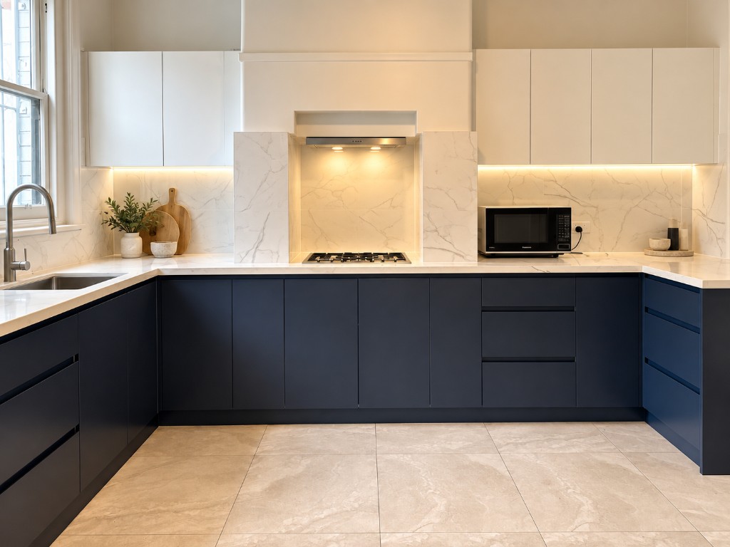 Completed kitchen with navy lower cabinetry, white upper cabinets and marble-look stone