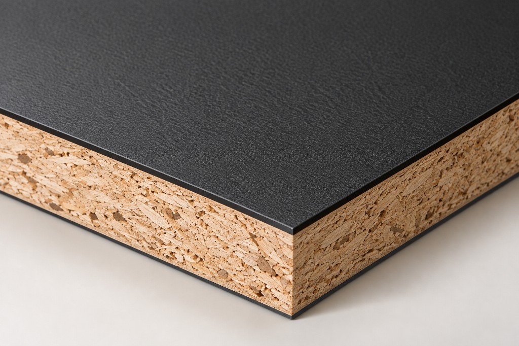 Black laminate face on a timber-core board