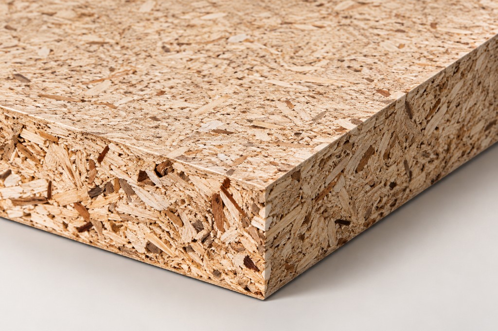Particleboard edge showing the compressed timber core