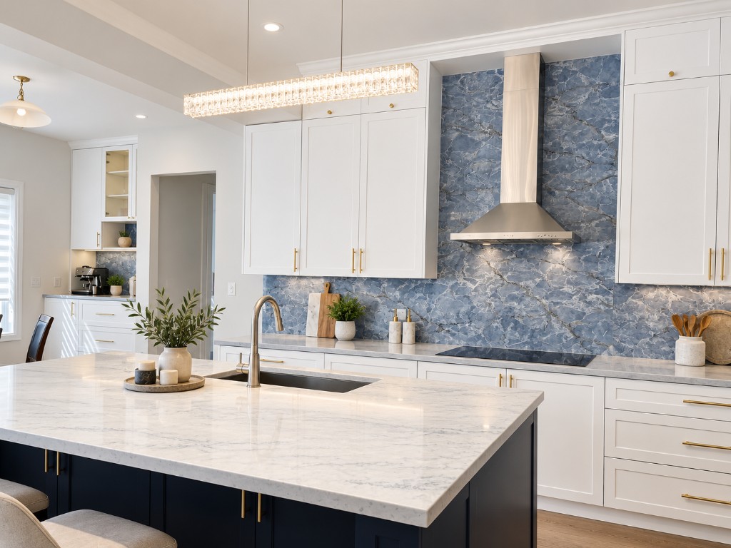 Blue stone kitchen in Melbourne with warm white Shaker cabinetry, a navy island and brushed brass handles
