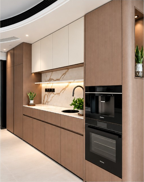 Soft walnut kitchen in Melbourne with warm white cabinetry, veined stone and integrated appliances