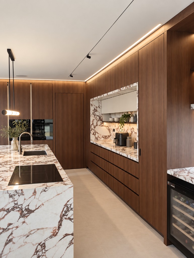 Warm timber kitchen in Melbourne with full-height walnut veneer cabinetry and a veined stone island