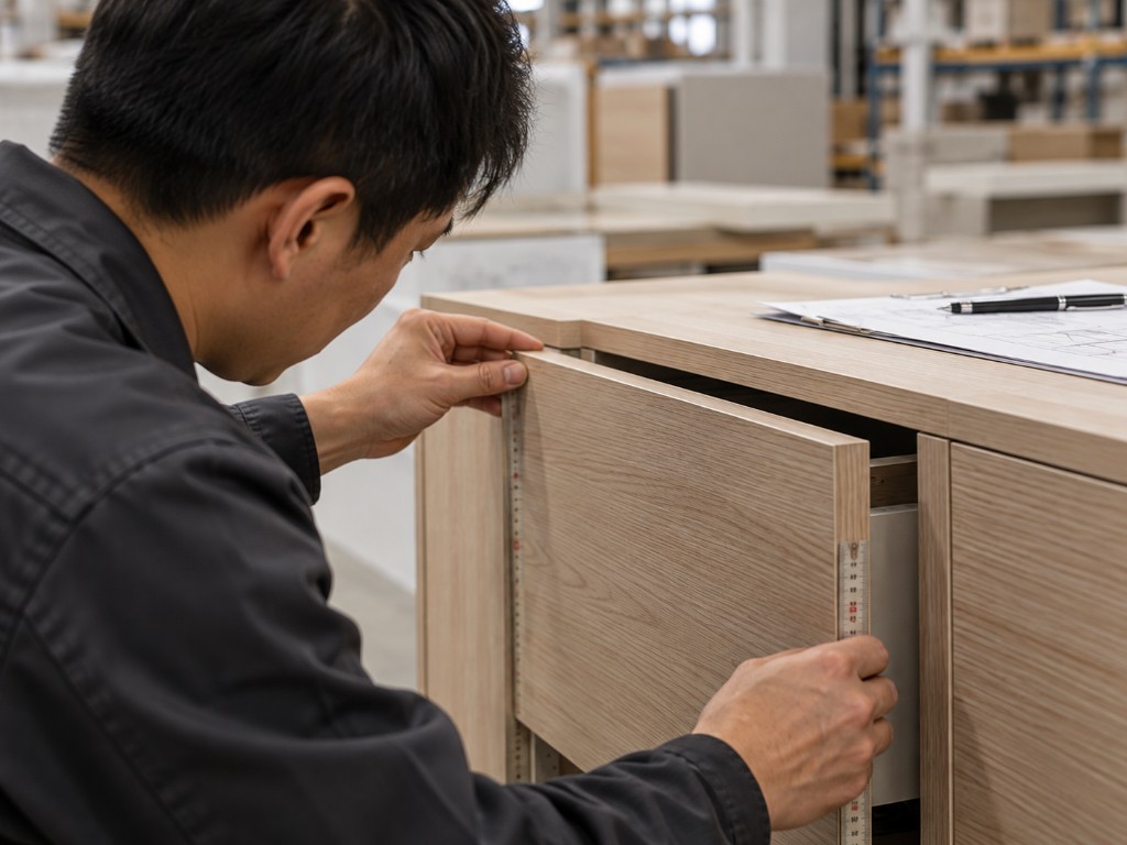 A cabinet drawer being measured before dispatch