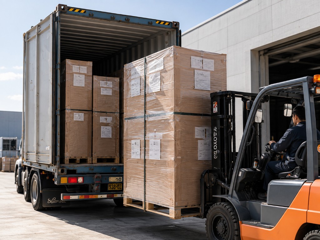Cabinetry packed for shipping and loaded into a container