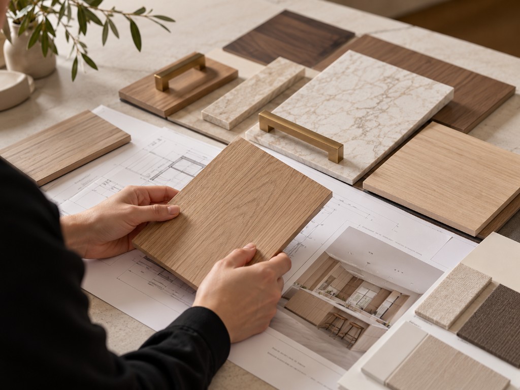 Timber, stone and hardware samples reviewed over kitchen drawings